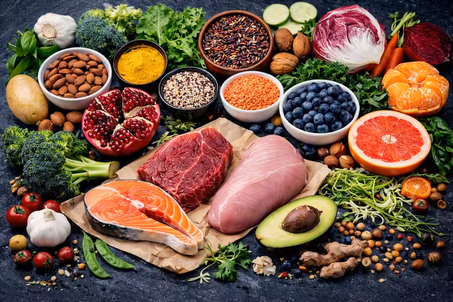 Whole foods used in integrative nutrition — fresh vegetables, fruit, legumes, nuts, fish and lean protein
